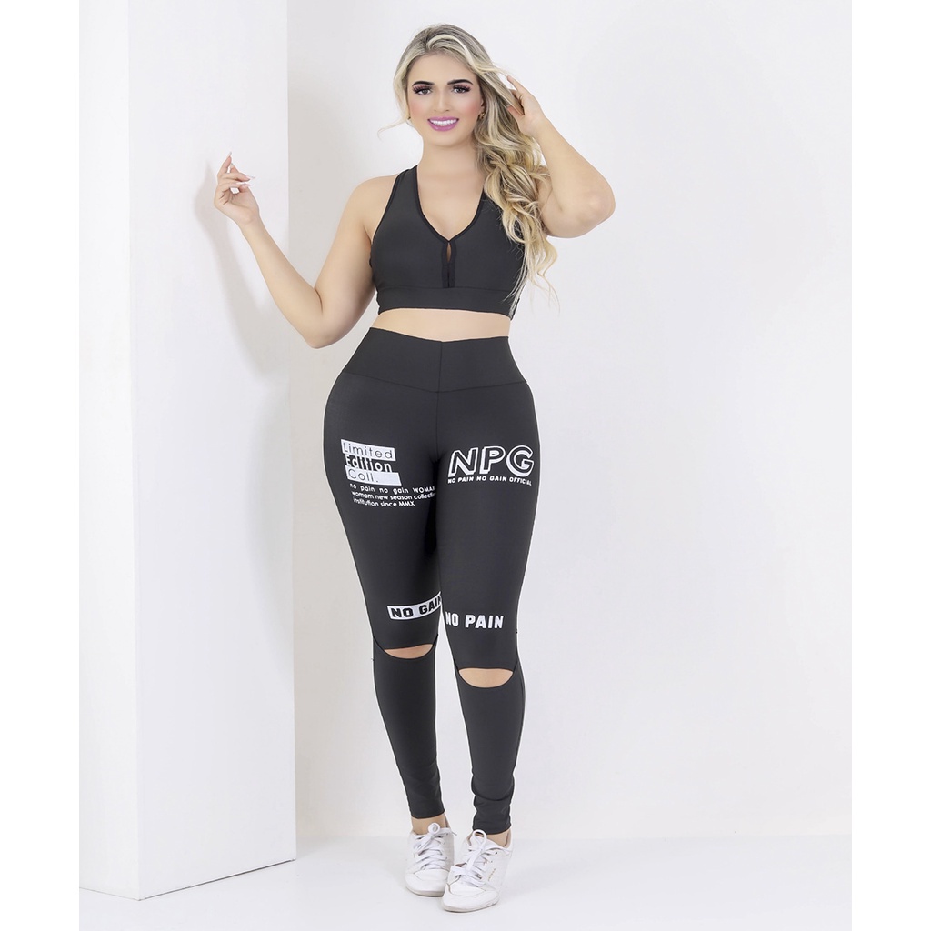 kit Top Nadador + Calça Legging Feminino Academia Fitness Rasgado no Joelho  Suplex