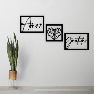 Trio Quadros Amor Gratidão Coração 90x22cm Vazados Decoração Quarto Sala Mdf 3mm C/Dupla Face