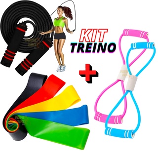Kit 5 Elástico Treino Mini Band + Corda de Pular PVC Rolamento + Elástico Extensor Fisioterapia Exercício Funcional em Casa