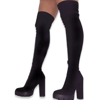 Bota Over The Knee Tratorada Alta Acima do Joelho Salto Grosso Alto 10cm Preta Caramelo Café So Pretty Shoes