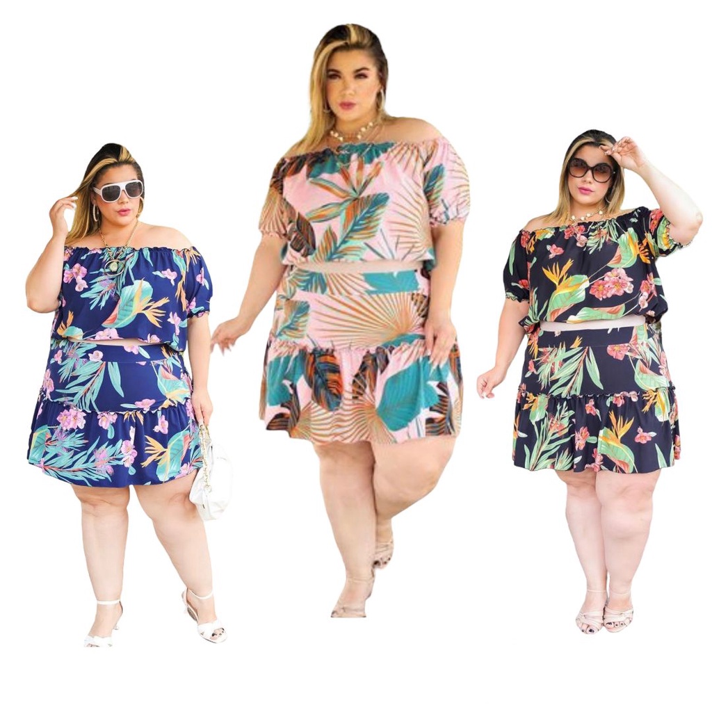 Conjunto blusa ciganinha e saia Plus size moda verão lindo do 46 ao 58