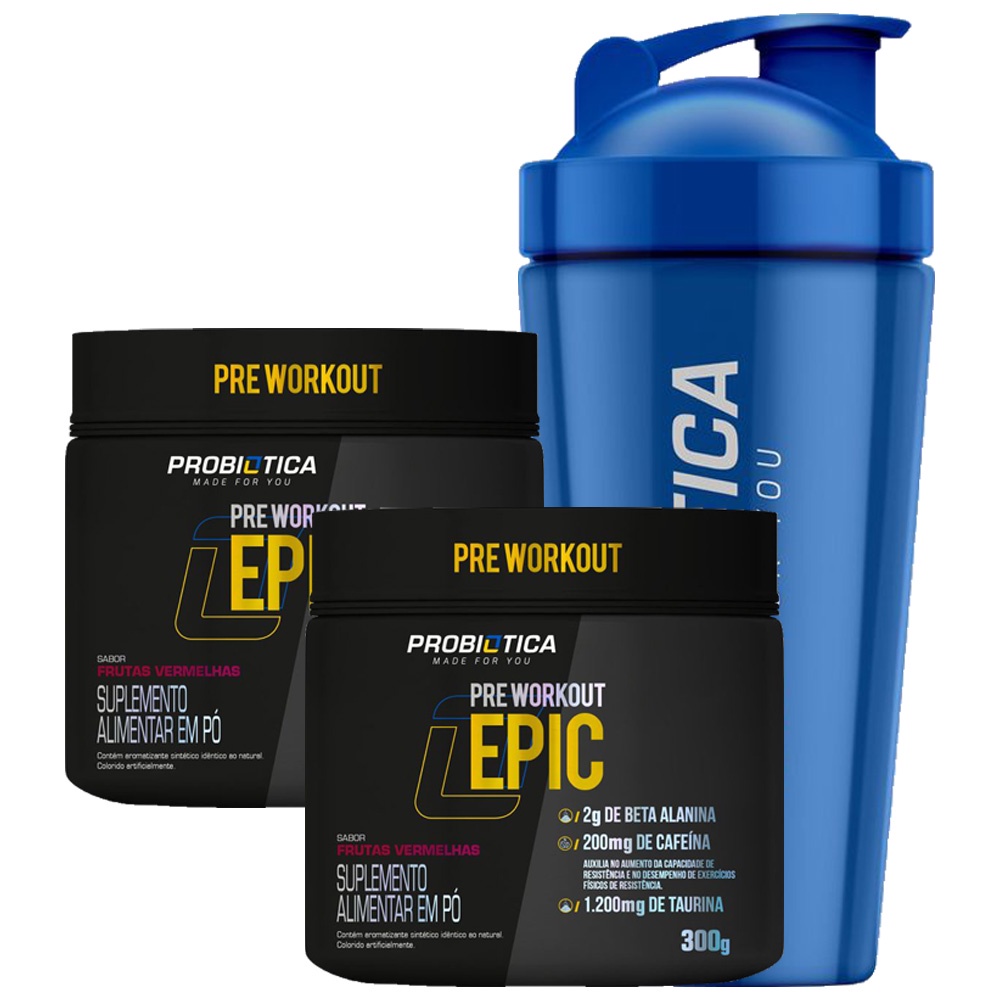 kit 2 Pré Treino Epic 300g Pré Workout + Coqueteleira Inox Probiótica
