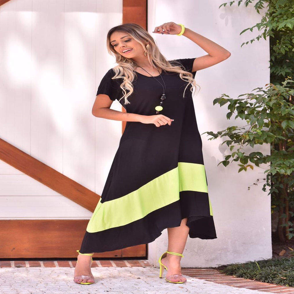 Vestido Plus Size Evangelico de Ponta e Bico nas Laterais Soltinho  Viscolycra