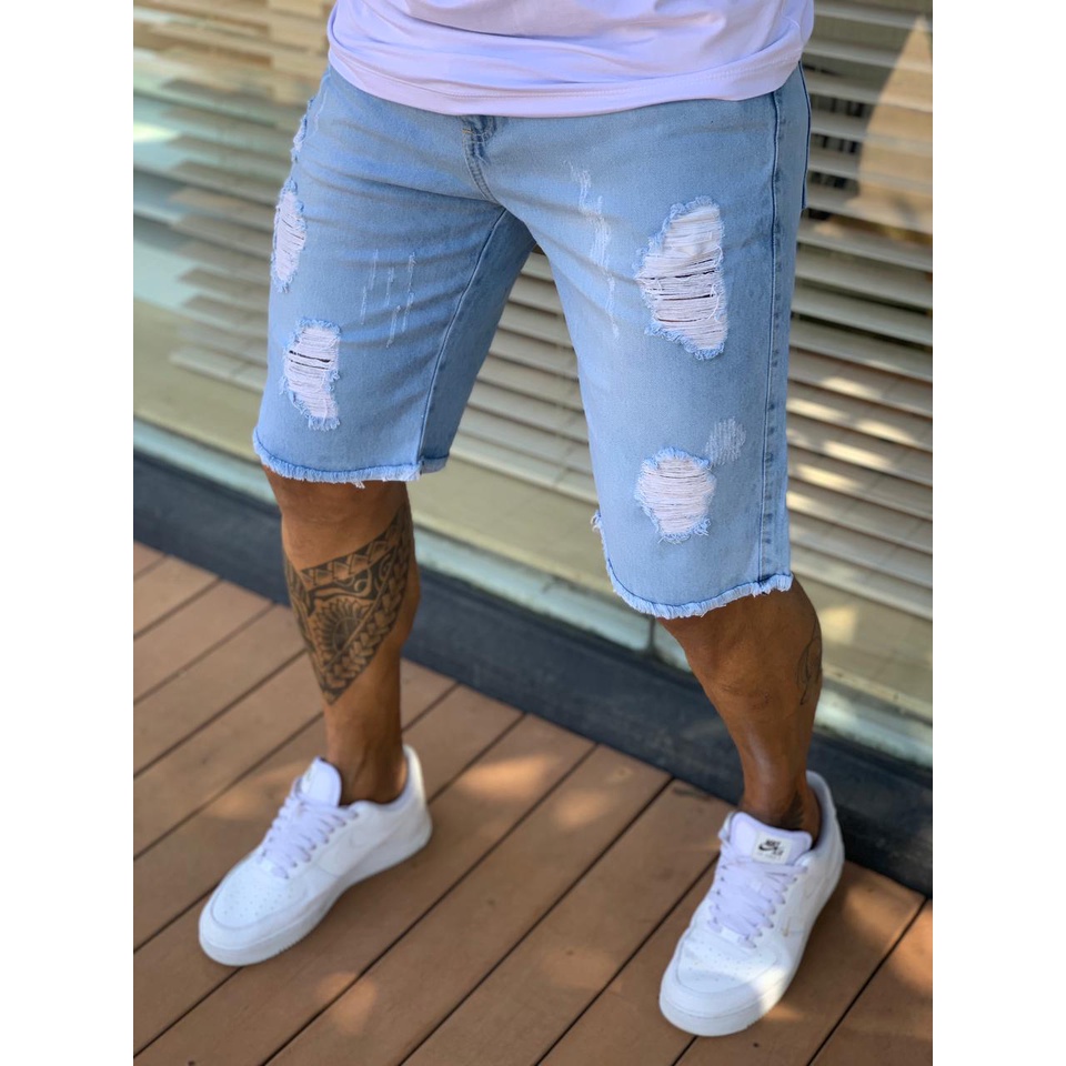 Bermuda Jeans Masculina Rasgada Destroyed Moda Verão Tendência Linha Premium Original