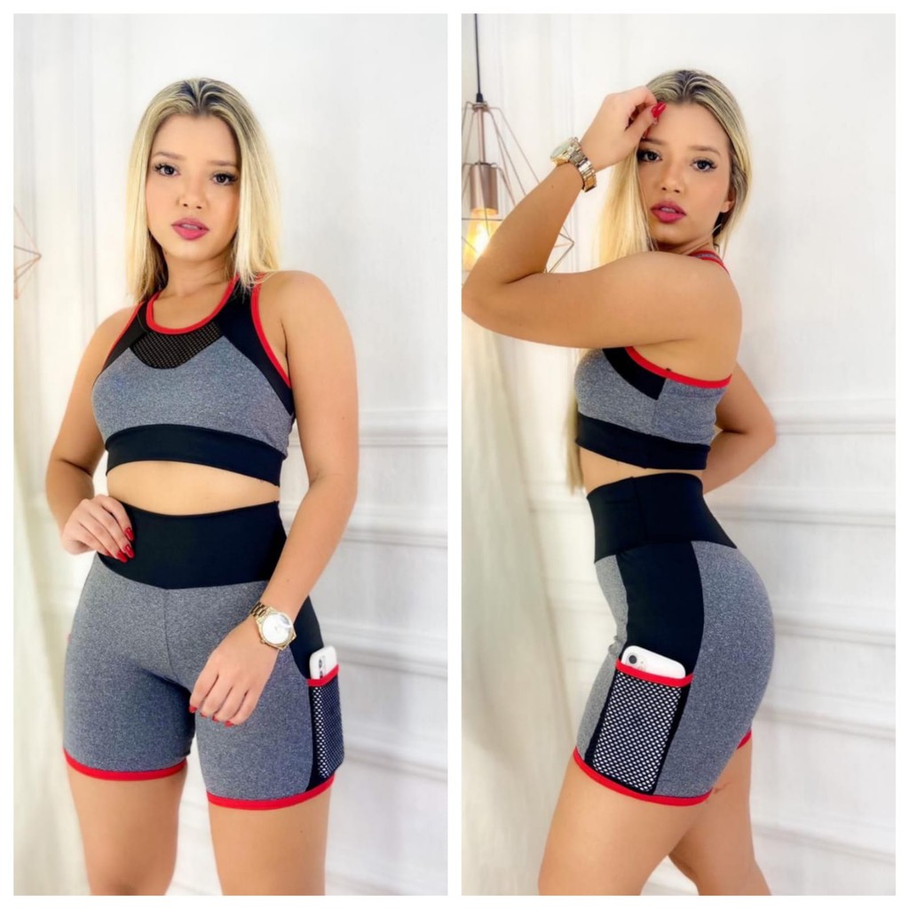 Kit 10 Conjunto Top + Short Esportivo Cintura Alta Com Bolso Cropped Roupas  Esportivas Conjunto Feminino Atacado