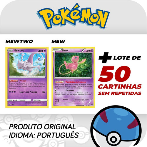 Carta Pokémon Lendário Mewtwo E Mew Com Lote 50 Cartinhas