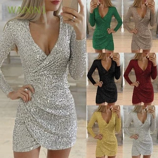 Waix1 Mini Vestido Bodycon Fashion Plus Size Com Gola V E Manga Comprida De Paetês Para Balada/Multicolorido