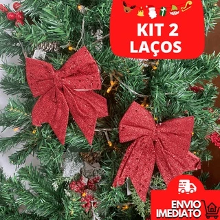 Laço Enfeite Natal Árvore de Natal Laço Para Decoração Natalina Brilhoso Com Glitter Ornamento Natal Kit Com 2 Unidades