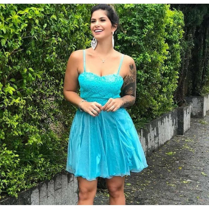 Vestido de festa curto cheap com renda e tule