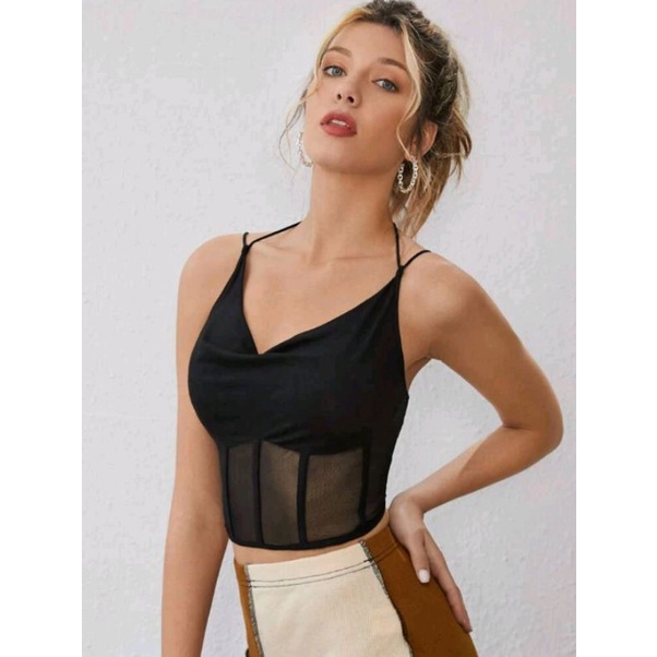 Cropped blusa corset preto tule tendência moda feminina blogueira shein