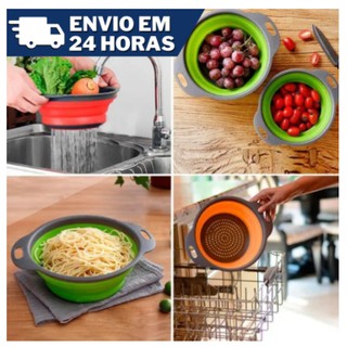 Lavador Escorredor de Macarrão Arroz Retrátil Dobrável Massa Legumes Verduras Alça Silicone 30cm