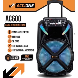 Caixa De Som Bluetooth Amplificada Grande 53cm 600w 12" pol. ACCIONE AC600 Usb Fm Led multiuso entrada MICROFONE