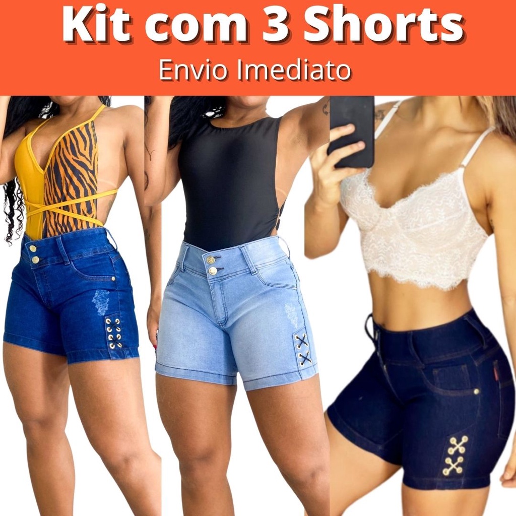 Kit 3 Short Jeans Meia Coxa Com Elastano Bermuda Feminina Atacado Modelos  Variados Preço Atacado envio imediato