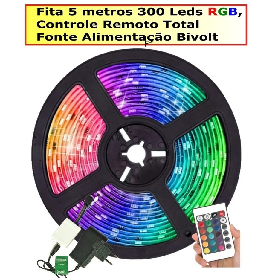 Fita Faixa Led RGB Rolo 05 Metros 300 Leds Controle E Fonte Proteção Ip65 Shopee Brasil