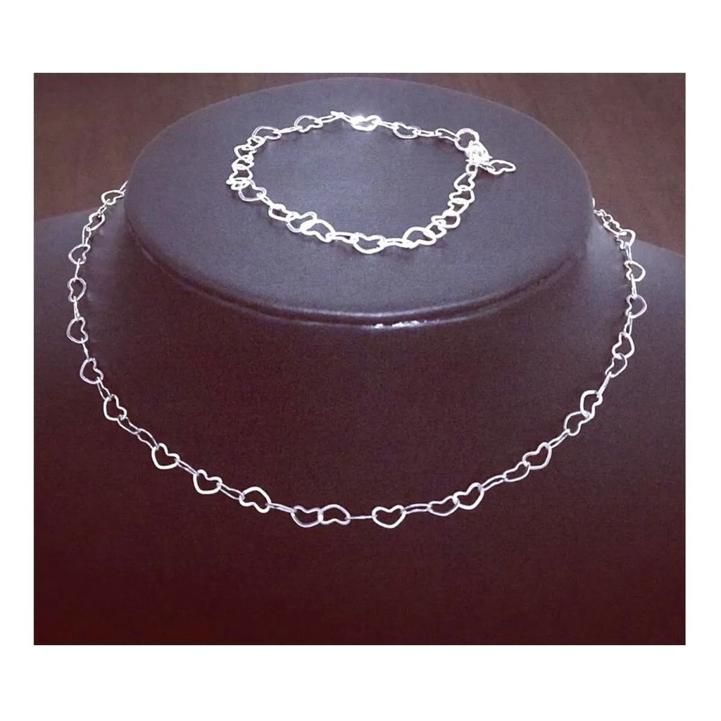 Corrente Feminino Pulseira Kit Coração Colar Folheado Prata Conjunto