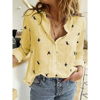 Moda Feminina Camisas De Pássaro Estampa Outono Larga Blusas De Linho Vintage Manga Longa Algodão Roupa Casual