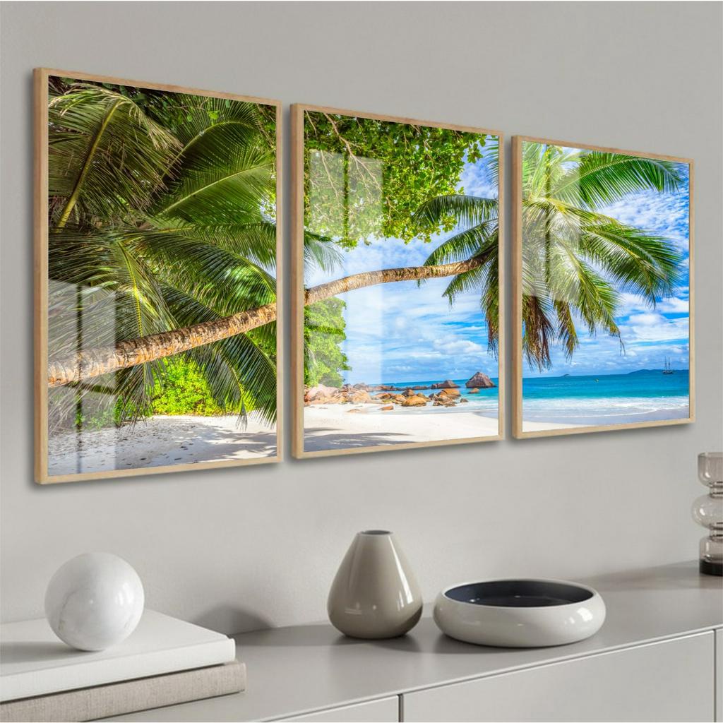 Kit Quadro Coqueiro Mar Moldura e Vidro Sala Quarto Hall