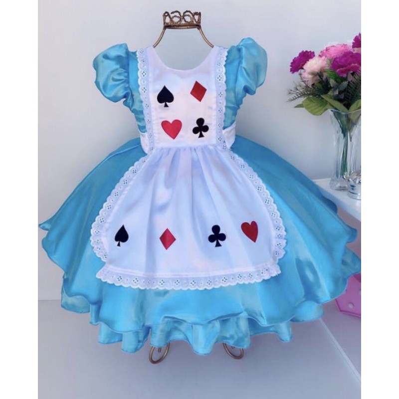 Vestido infantil alice no país 2024 das maravilhas