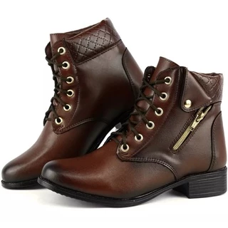 Bota Coturno Feminina Cano Curto Salto Baixo Casual com Zíper e Cadarço Em Couro Vegano