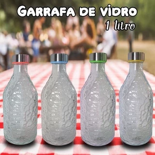Garrafa De Água 1 Litro Vidro Incolor C/ Tampa De Inox