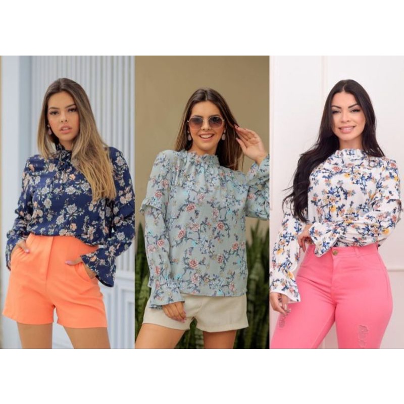 Blusa Feminina Estampada Manga Longa Crepe Social florida