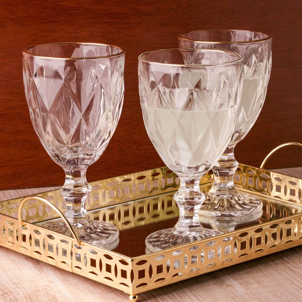 Jogo 6 Taças Para Agua de Vidro Com Fio De Ouro Diamond Jogo 6 Taças Para Agua de Vidro Com Fio De Ouro Diamond