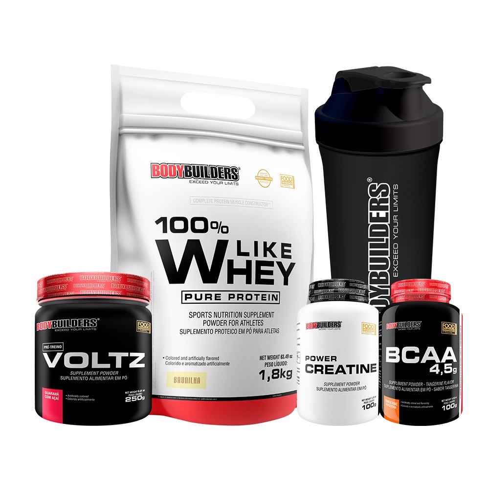 Kit 100% Like Whey Pure Protein 1,8Kg + Pré-Treino Voltz 250g + BCAA 4,5 100g + Power Creatina 100g + Coqueteleira – Kit ParaAumento de Massa Muscular – Bodybuilders