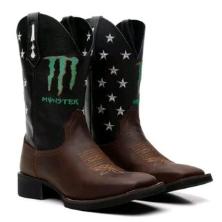 Bota Country Masculina Em Couro Bico Quadrado Texana Monster
