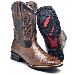 Bota Texana Masculina Country Em Couro Legitimo Cano Alto Bordado Bico Quadrado