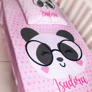 Kit Manta Fleece Berço Panda Personalizado com Nome da sua Escolha + Travesseiro Infantil Escolar