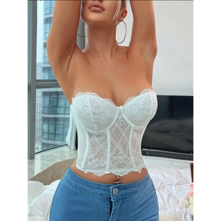 Cropped Corset Top Renda Barbatana Aro Sexy Sensual Alça Removível