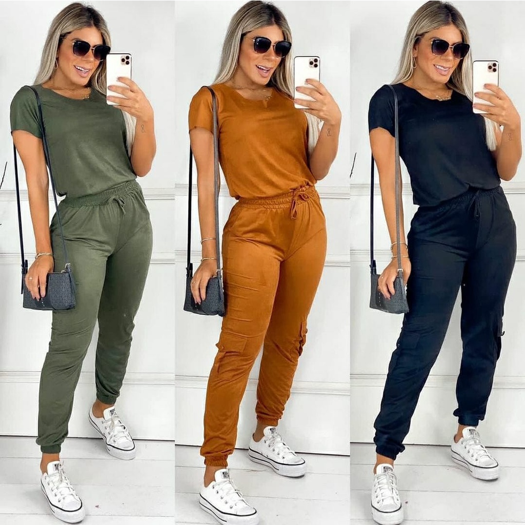 Conjunto Feminino Em Tecido Suede Camurça Calça Jogger Blusa Manga Curta  comfy