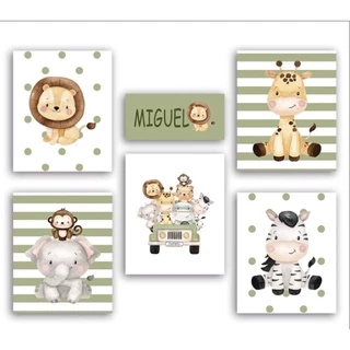 Quadros decorativos safari 6 peças com o nome do seu filho(a) para seu enxoval