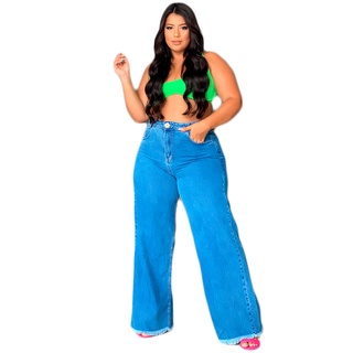 Calça Jeans Plus Size Wide Leg Barra Desfiada Clara Rasgada