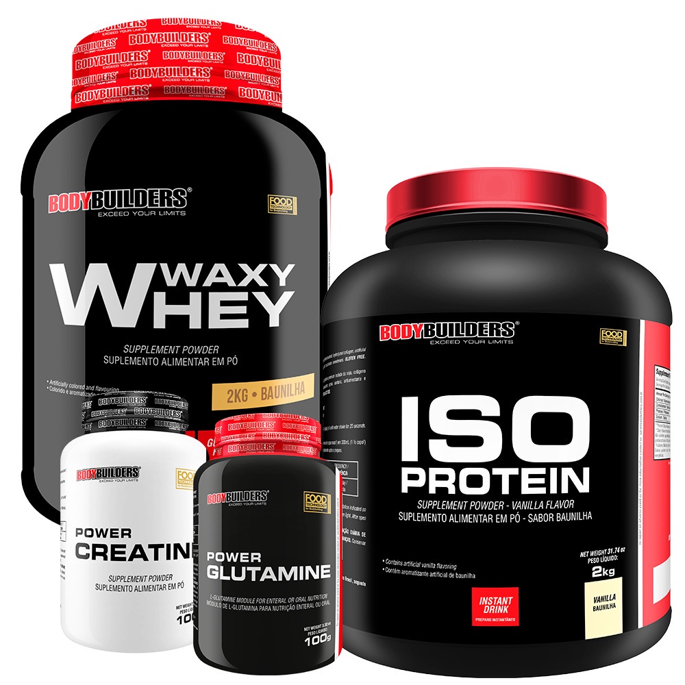 Kit Whey Protein Waxy Whey Pote 2Kg + Suplemento de Proteína Isolada Iso Protein 2kg + Power Creatina 100g + Power Glutamina 100g – Suplemento dos Atletas Para Auxiliar na Recuperação Muscular – Bodybuilders