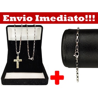 Corrente Masculina Cordão + Pingente Crucifixo + Pulseira Grossa de Luxo Tipo Tijolinho Em Aço Inox Não Escurece