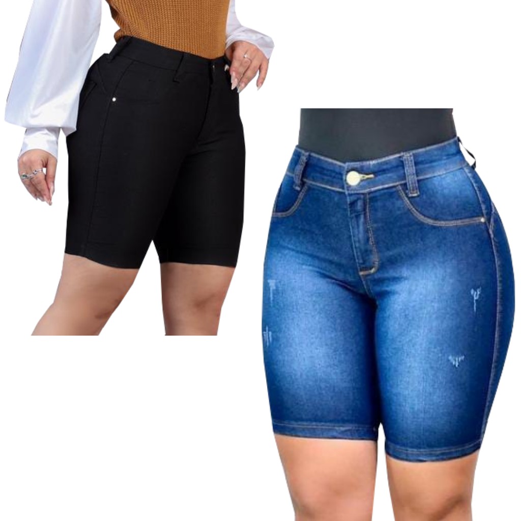 Shorts bermudas jeans cintura alta meia coxa com lycra modelagem