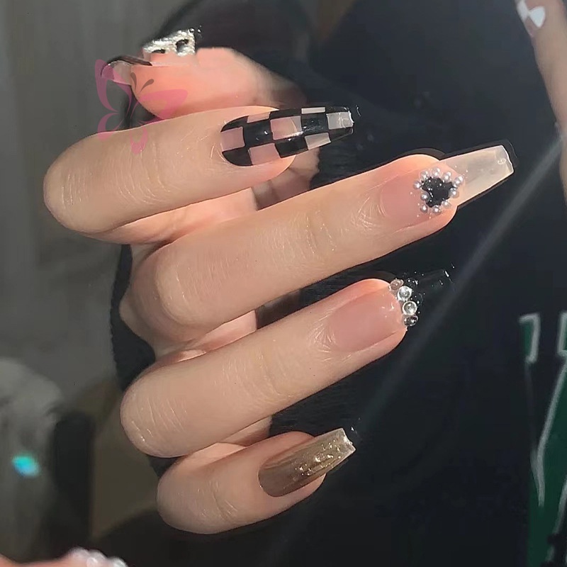 Pregos Pretos Pretos de Manicure do Amor Manicure Pregos Falsos Unhas Finalizados Pregos Longos de Ballet Pregos Destacáveis