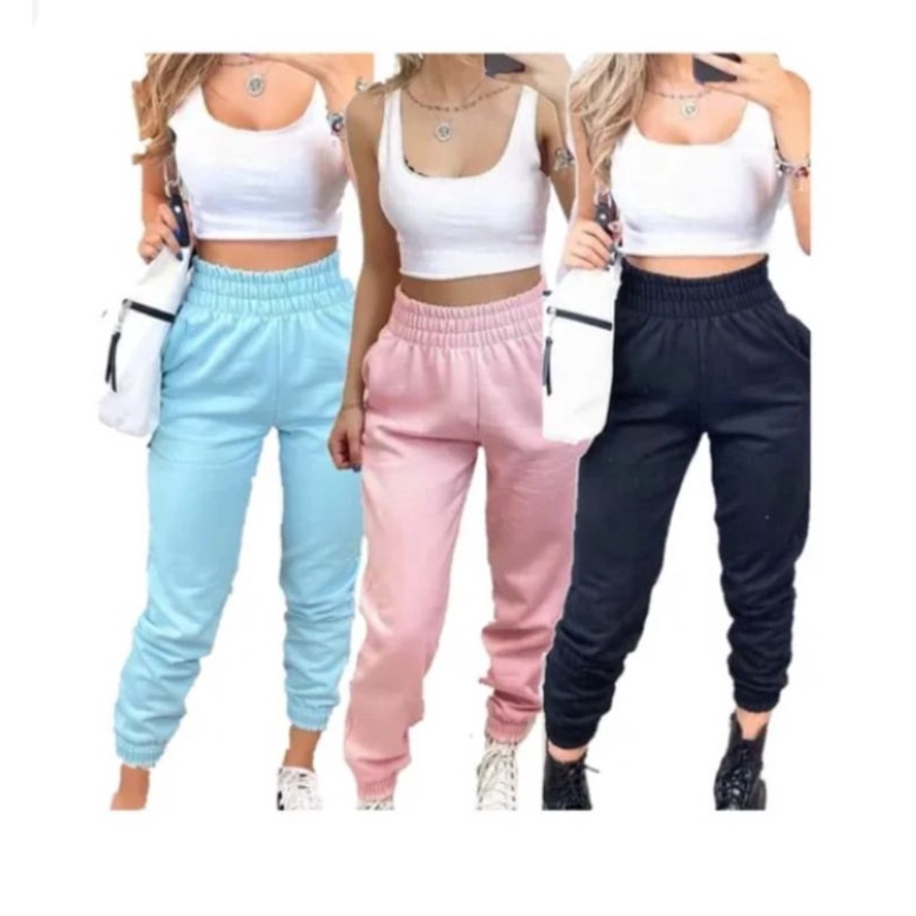 Calça moletom feminina jogger cós alto bolso moda instagram