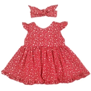 Vestido Infantil Com Tiara Menina Vermelho Coração Estér 100% Algodão - Tam P ao 3 anos