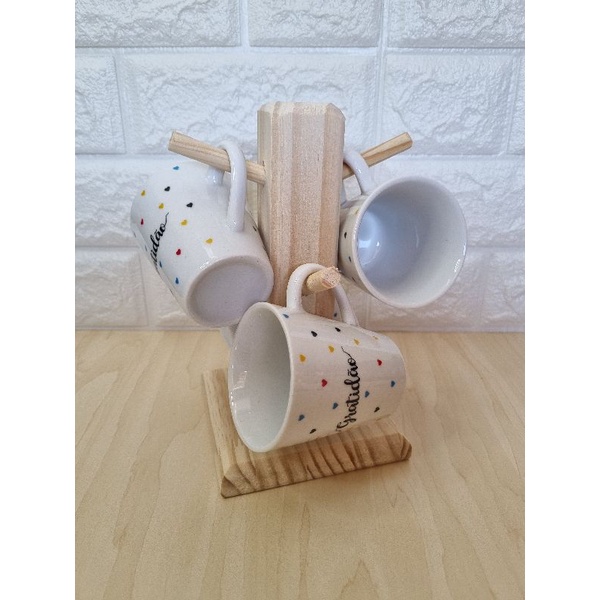 Mancebo Porta Xícaras de Café com 4 xícaras de Porcelana Branca Gratidão 120 ml