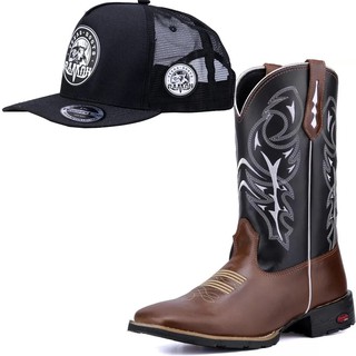 Bota Country Masculina Estilo Texana Bico Quadrado Couro + Lindo Bone