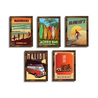 Kit 5 Quadros Surf Praia Casa Decor Moldura Rustica Madeira