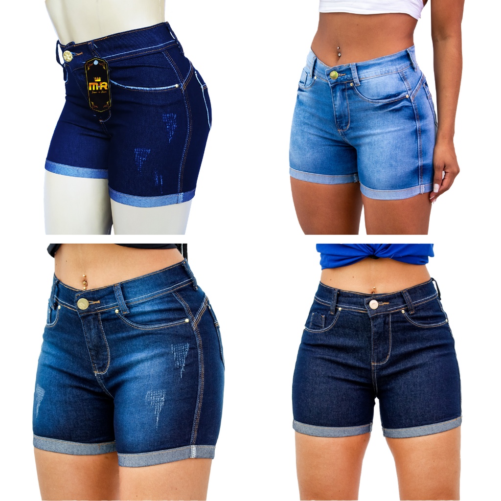 Short Feminino Jeans Com Licra Cintura Alta Desfiado Curto Azul