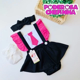 Jardineira Romper Saia A Poderosa Chefinha Menina Bebe Body