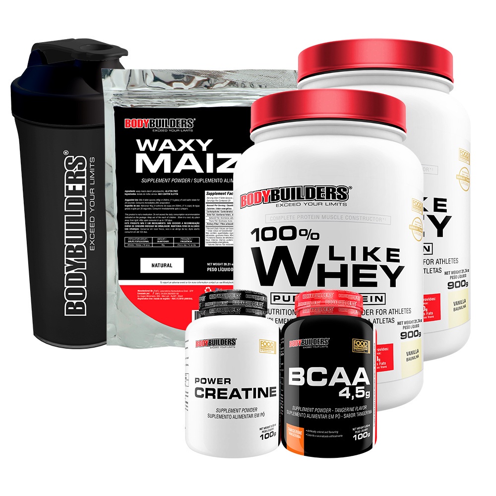 Kit 2x 100% Like Whey Pure Protein 900g + BCAA 4,5 100g + Power Creatina 100g + Waxy Maize 800g + Coqueteleira – Proteína do Soro do Leite – Bodybuilders