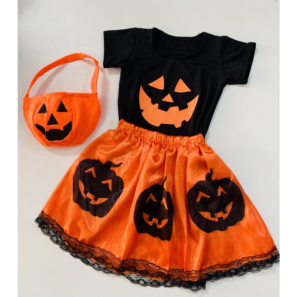 Fantasia Infantil Halloween Abóbora Camiseta Saia de cetim e bolsa de  abóbora linda