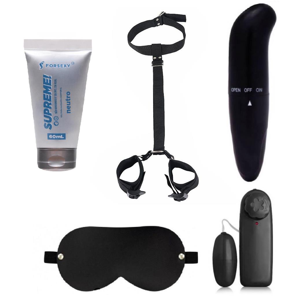 Kit Sex Shop Dominacao E Masoquismo Algema De Pulso E Pescoco Vibrador Ponto G Liso 2229