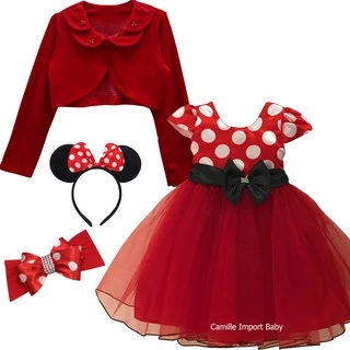 Vestido Festa Luxo Infantil Minnie Vermelha Tiara E Bolero