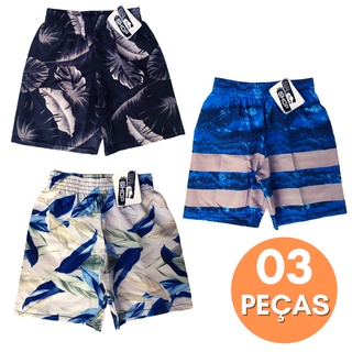Kit 03 Bermuda de Elástico Menino Infantil e Juvenil Masculina Estampado Praia